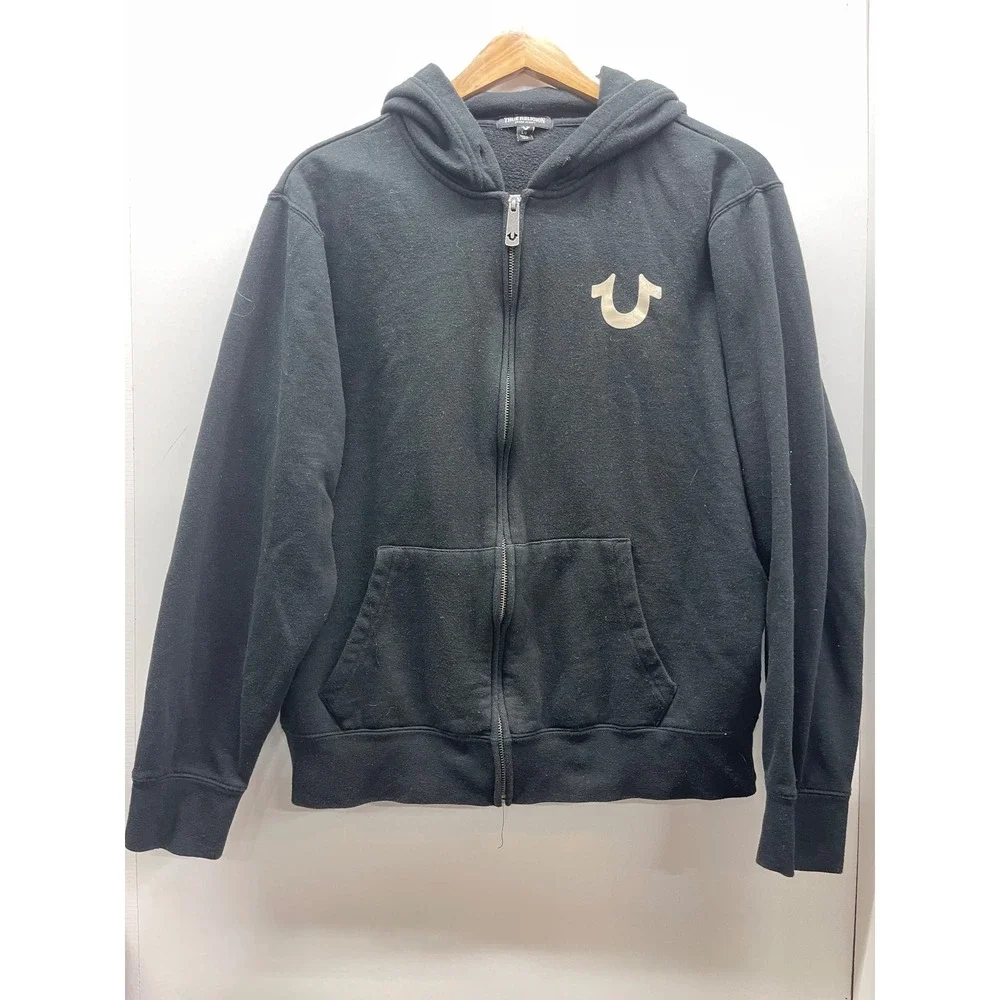 True Religion VTG Men's Black World Tour Buddha Logo Zip Up Hoodie Sweatshirt